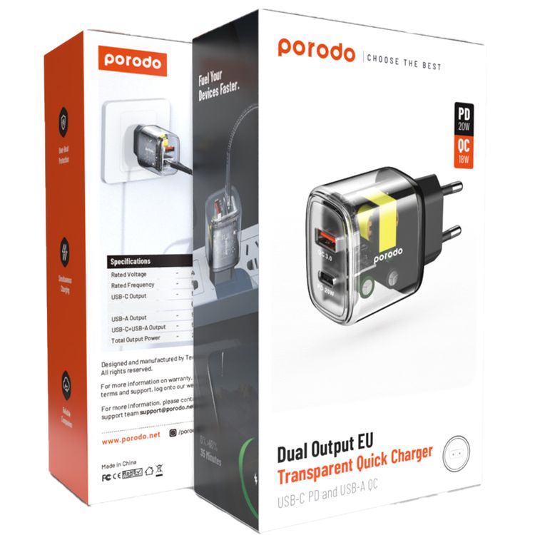 Porodo Dual Output Transparent Quick Charger with 20W Power Delivery, EU 2-Pin Plug, QC 18W, Simultaneous Charging, 0%-60% Charge in 35 Minutes, Overheat Protection - Black