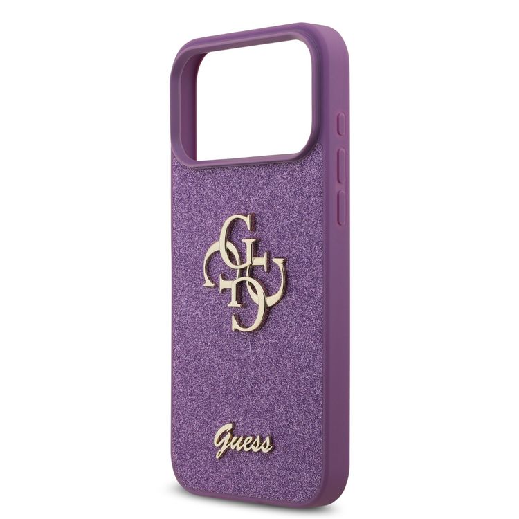 غطاء لامع من PU من Guess بشعار معدني كبير 4G لجهاز iPhone 17 Pro، حماية من السقوط، تصميم نحيف وخفيف الوزن، سهل التركيب، تغليف مستدام، قبضة مريحة - لون أرجواني فاتح