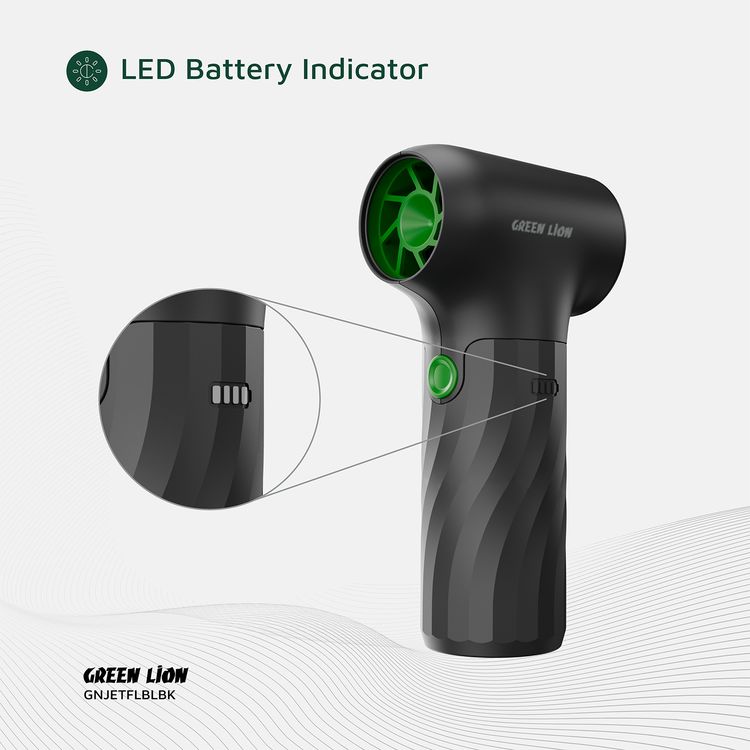 Green Lion Jetflow Air Blower with ABS & PC Material, 3× 2000mAh Battery Capacity, 3-Level Gear, Type-C Charging Port, 4 Hours Charging Time, 15-75 Minutes Working Time, LED Battery Indicator - Black