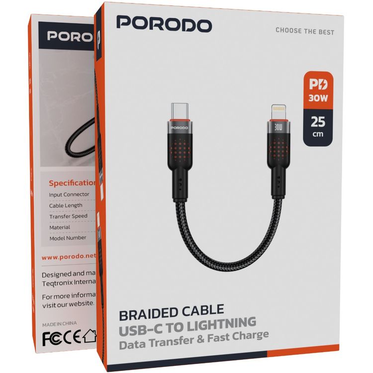كابل برودو مصنوع من سبائك الألومنيوم ومضفر، من نوع Type-C إلى Lightning بطول 25 سم، بقدرة PD 30W، وسرعة نقل تصل إلى 480 ميجابت في الثانية، وعمر افتراضي يزيد عن 15000 انحناء، مقاوم للتشابك - باللون الأسود.