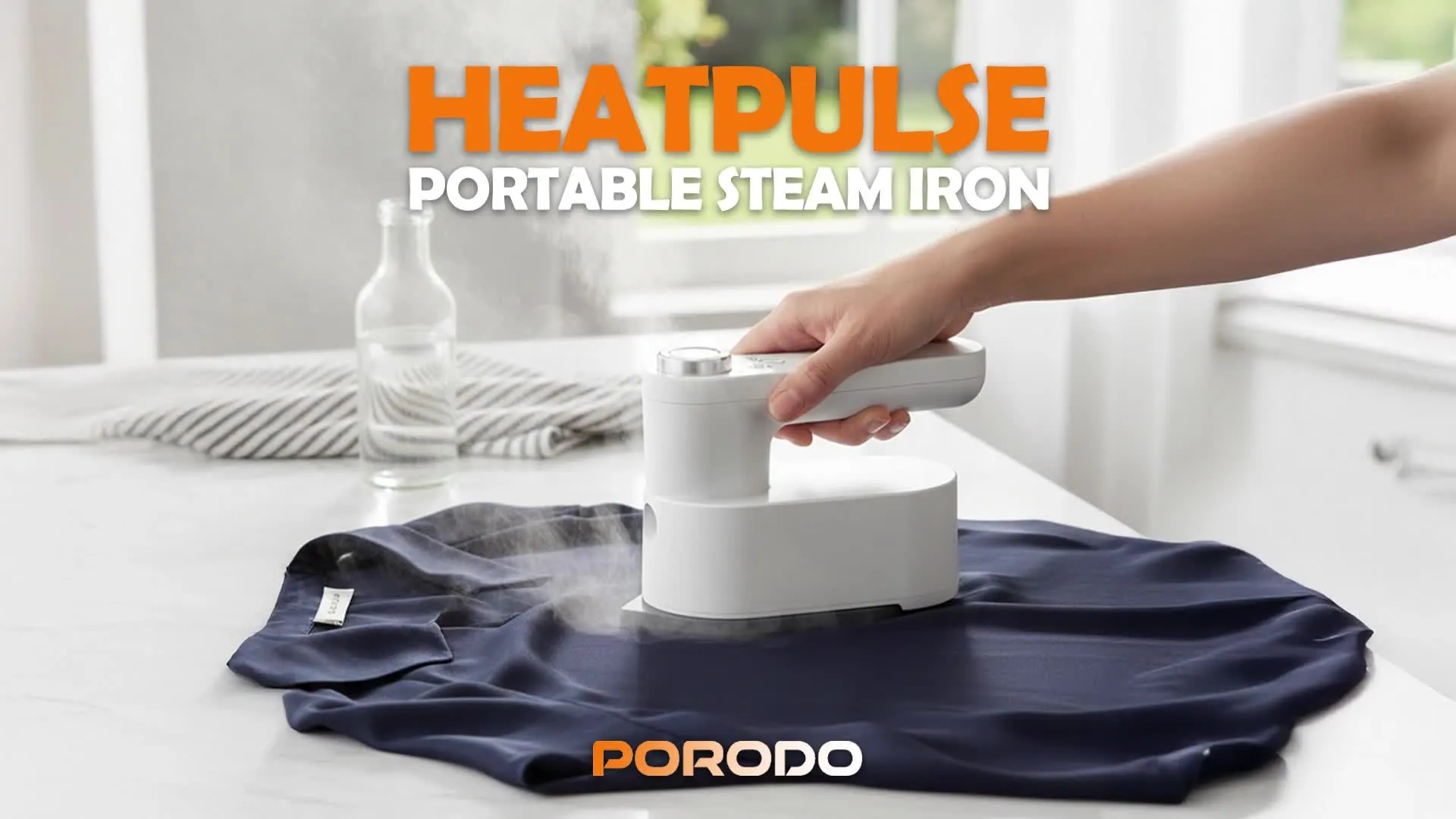 Porodo Lifestyle Heatpulse Portable Steam Iron with Ultrasonic Steam Generator, Type-C Charging Port, Adjustable Temperature Level, 40 Minutes Continuous Ironing, 5200mAh Battery Capacity - White