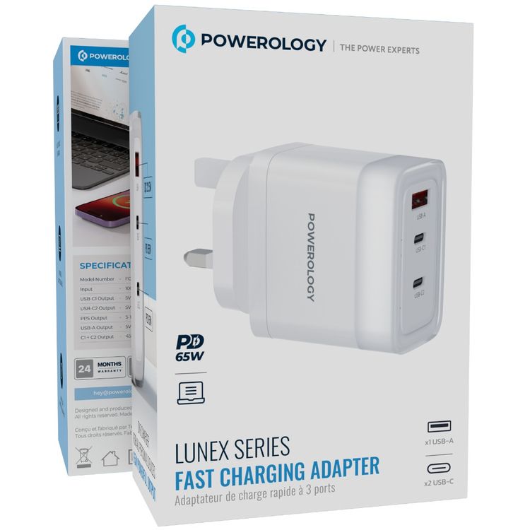 Powerology Lunex Series 3-Port Fast Charging Adapter with UK 3-Pin Power Plug, 65W PD USB-C Output, 22.5W QC USB-A Output, Multi-Device Charging, Powerful Laptop Charging, Universal Protocol Support - White