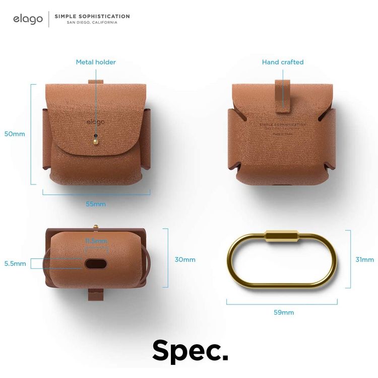 Elago Leather Case with Keychain Compatible with AirPods 3 Case, Natural Cowhide Leather Case with Brass Ring Holder, Supports Wireless Charging - Brown