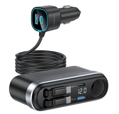 Powerology Currnex 60W Multi-Port Car Charger with 12V Socket, Dual Retractable Cables, Durable Aluminum Alloy, High-Speed Charging, Voltage Display, PD 30W, QC 30W, LED Ambient Light, Multi-Device Charging - Black