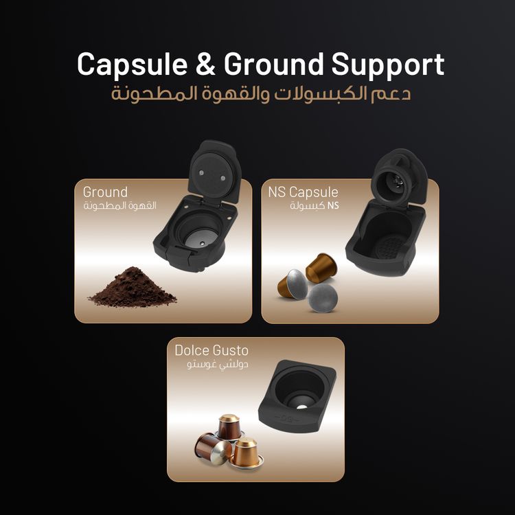 LePresso Crema Pro Multi-Capsule Coffee Machine with Double Boiler, Milk Frothing System, Capsule Holder, Ground Coffee Holder, 200mL Milk Tank Capacity, 850mL  Water Tank Capacity, 3-Pin UK Plug Power, Automatic Shutdown - Black