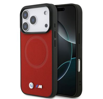 جراب BMW MagSafe مغلف بالكامل من الجلد مع شعارات معدنية لجهاز iPhone 17 Pro Max، تغليف مستدام، تصميم سهل التركيب، نحيف، حماية من السقوط - أحمر