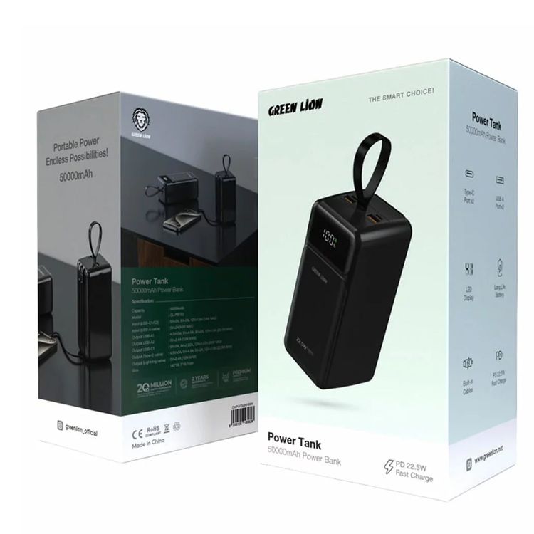 Green Lion Power Tank 50000mAh Power Bank with Built-in Cables, 22.5W Power Delivery, Fast Charging Support, LED Display, Long Battery Life, Portable - Black