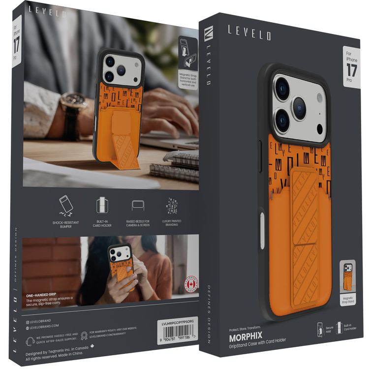 جراب Levelo Morphix GripStand مع حامل البطاقات لجهاز iPhone 17 Pro، تصميم فاخر مطبوع، ممتص للصدمات، حواف مرتفعة لحماية الكاميرا والشاشة، حامل مغناطيسي - لون برتقالي شروق الشمس.