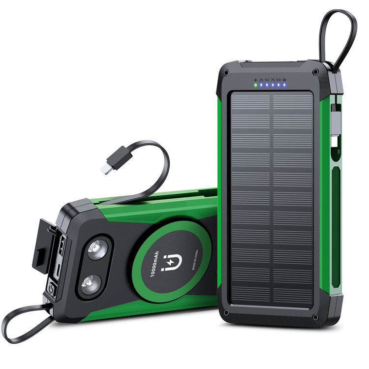 Green Lion Solar Trex 10000mAh Power Bank with 20W Fast Charging, ]IP65 Dust & Water Resistant, Built-in Type-C & Lightning Cables, Wireless Charging, Built-in Safeguards, TPU + Silicone + PU Material - Black