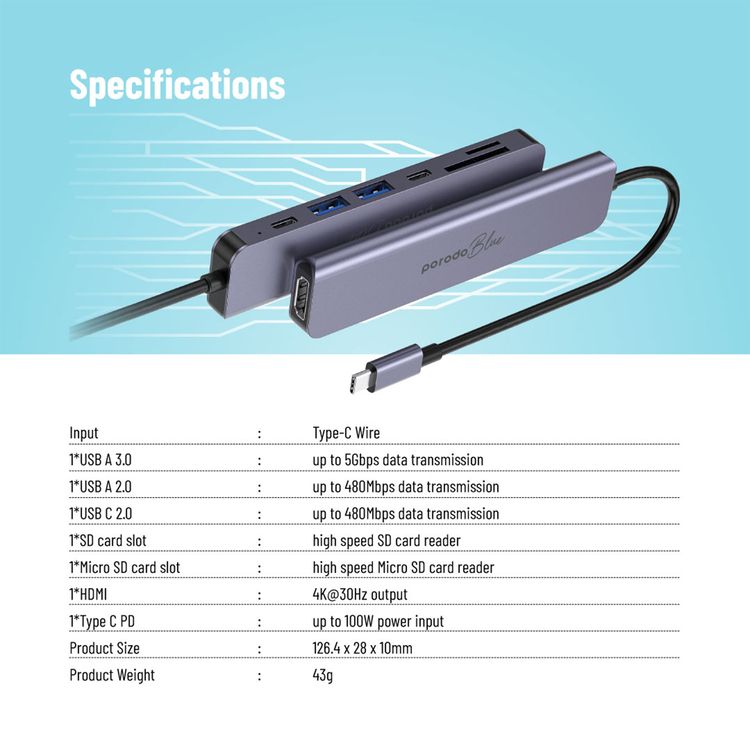 Porodo Blue 7 Ports USB-C HUB 4K HDMI & Dual USB-C, 100W PD, Card Reader, Plug and Play, Hot Swappable, Windows/Mac OS/Android - Gray
