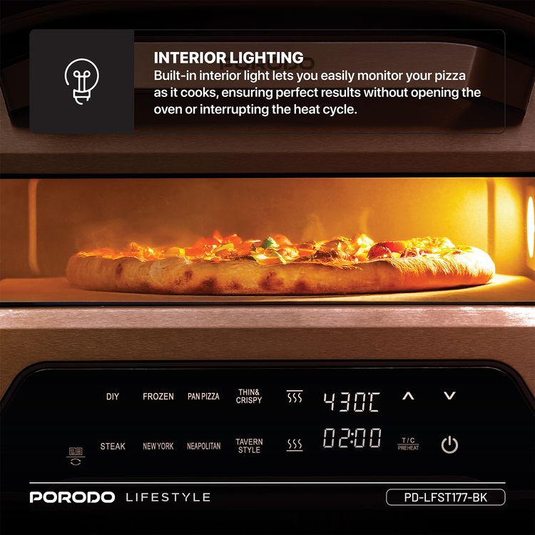 Porodo 12" Indoor Electric Pizza Maker with 7 Preset Programs, 80-430°C Temperature Control, 2200W Rated Power, Up to 60 Minutes Timer, Digital Display, Interior Lighting - Black