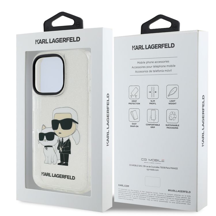 جراب Karl Lagerfeld IML اللامع الصلب مع شعار Karl &amp; Choupette NFT لهاتف iPhone 16 Pro Max، ممتص للصدمات والسقوط، فتحات دقيقة، قبضة مريحة، سهل التركيب - شفاف