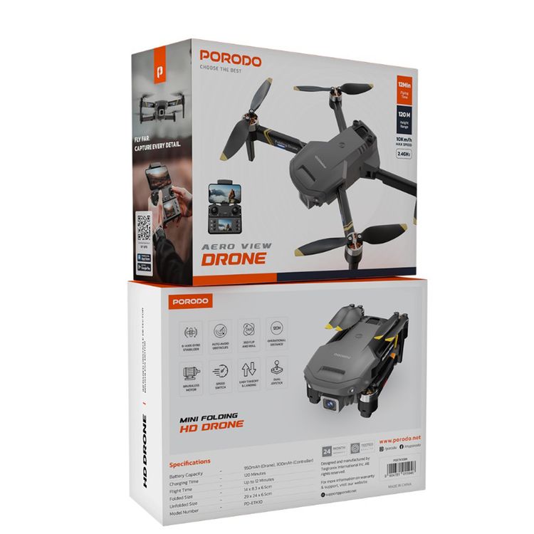 Porodo Aero View Drone with 120m Operational Distance, 360° Flip and Roll, Easy Takeoff & Landing, Up to 12 Minutes Flight Time, 10Km/h Max Speed, 120 Minutes Charging Time - Black 