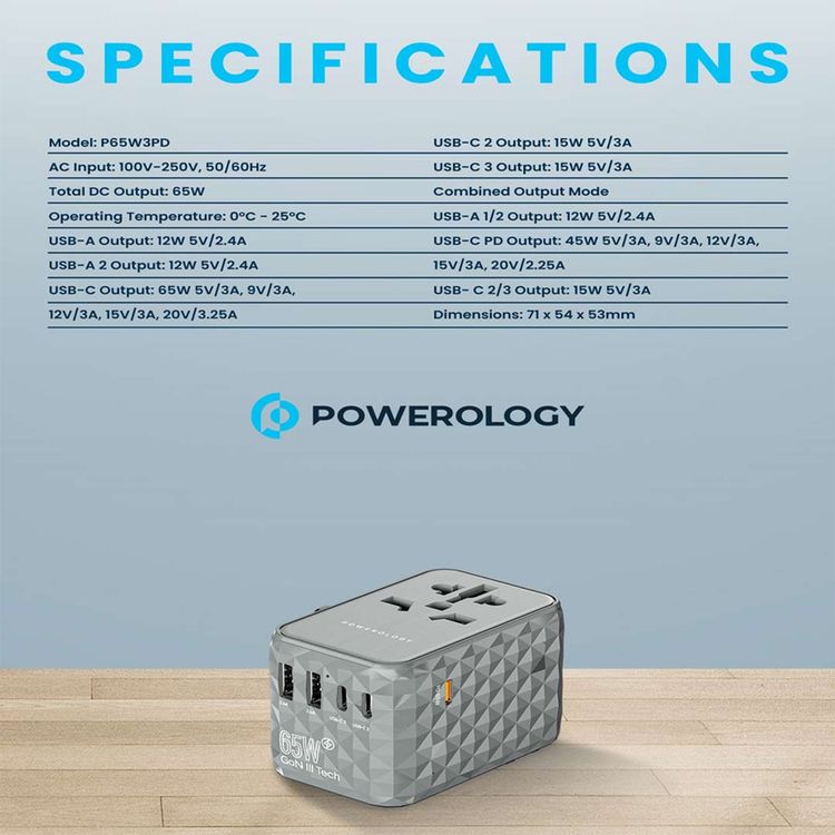 Powerology 65W PD Universal Multi-Port Travel Adapter with Triple USB-C Outputs, Universal Plugs, Combined Output Mode, Lightweight & Portable, Travel Friendly - Gray