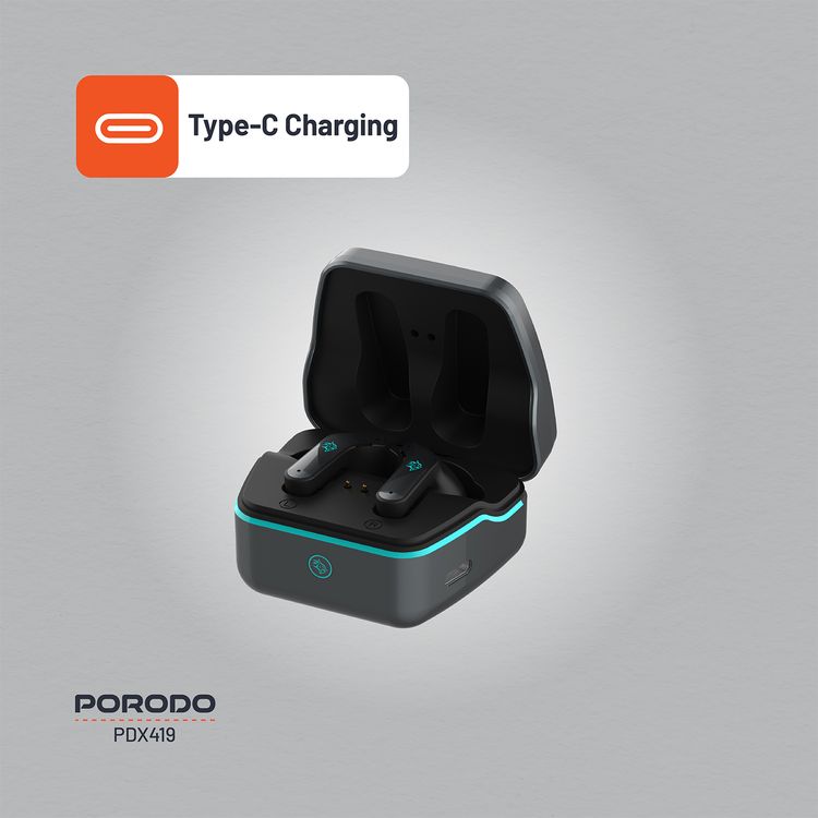 Porodo Gaming Ultra Low-Latency Gaming Earbuds, 400mAh Battery Capacity, 6h Playtime, Bluetooth 5.4, Less than 60ms Response Time, Dual Mic ENC Support, Type-C Charging Interface - Black