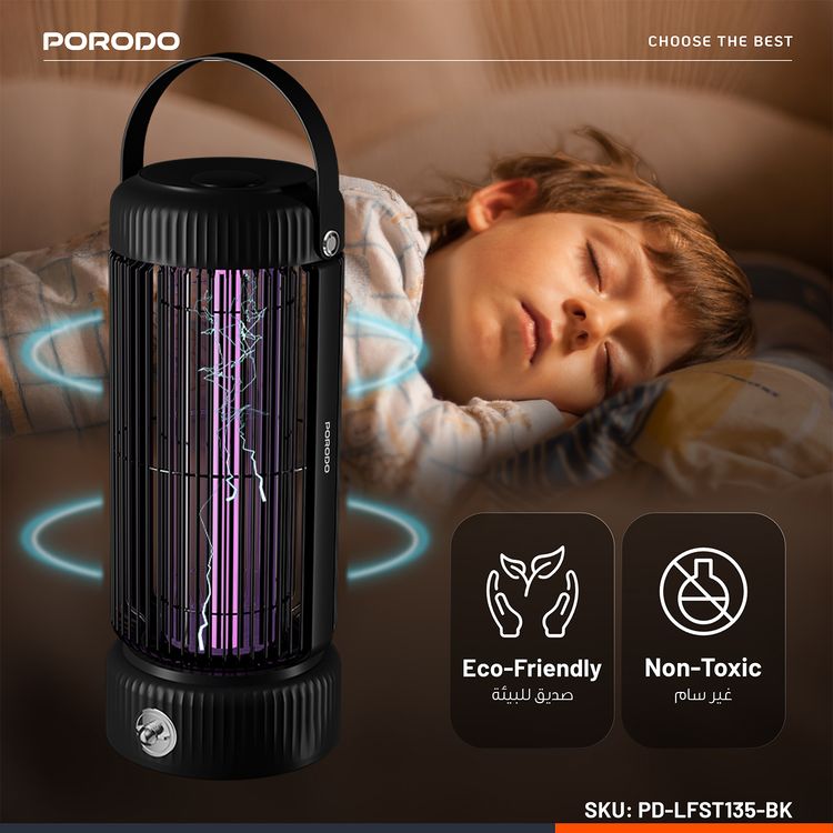 Porodo Lifestyle Portable Mosquito Zapper with Built-in UV LED Lamp, Up to 4 Hours Working Time, 2000mAh Battery Capacity, Efficient & Non-Toxic, 4.5W Rated Power - Black