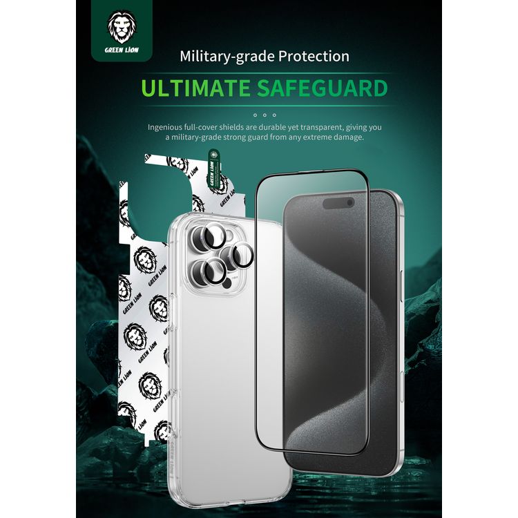 Green Lion 4-in-1 Defender Pack for iPhone 16 Pro, Anti-Shock Case, Nano HD Full Protection, Camera Lens Film, 3D Pet HD Glass - Clear