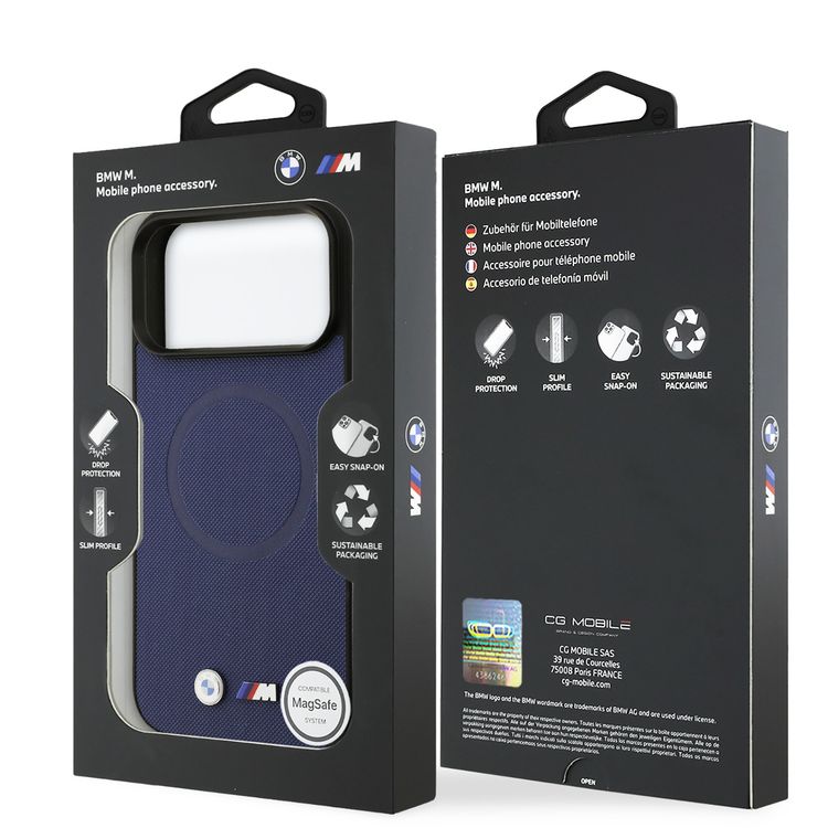 BMW MagSafe Full Wrapped Leather Case with Metal Logos for iPhone 17 Pro, Sustainable Packaging, Easy Snap-On Design, Slim Profile, Drop Protection - Navy
