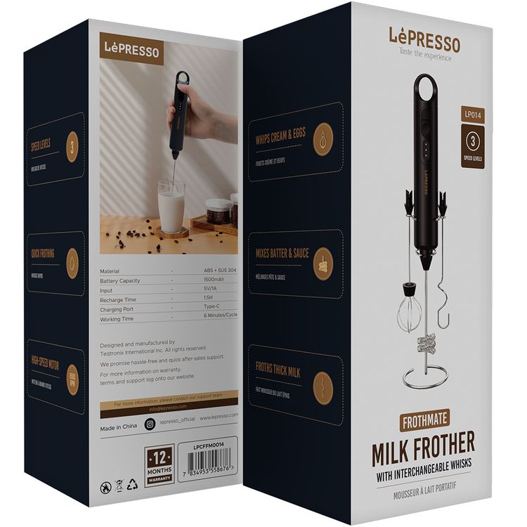 LePresso الخفاقة متعددة الوظائف 3 في 1 مع مضارب قابلة للتبديل، منفذ شحن Type-C، سعة بطارية 1500 مللي أمبير، سرعة محرك 6500 دورة في الدقيقة، 3 مستويات للسرعة - أسود
