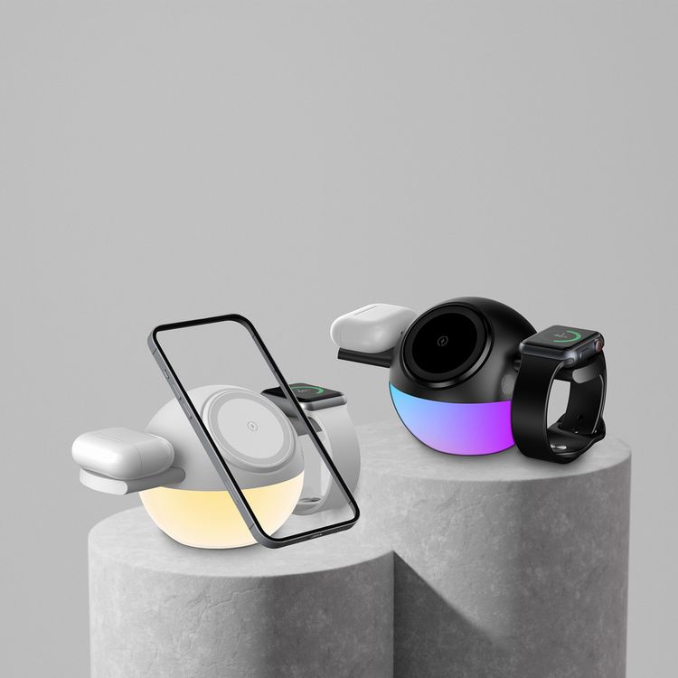 Porodo Orbix 3-in-1 Wireless Charger with Adjustable Ambient Light, 3-8mm Charging Distance, 15W Wireless Fast Charging, 5W Earbuds Output, 2.5W Watch Output, Type-C Charging Interface, Secure Magnetic Dock - Black