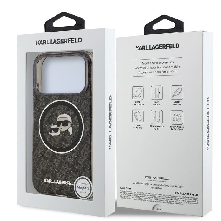 Karl Lagerfeld MagSafe IML Glitter & KL Repeated Case with Karl & Choupette for iPhone 17 Pro Max, Slim Profile, Drop Protection, Easy Snap-On, Sustainable Packaging, Comfortable Grip, Lightweight Design - Black