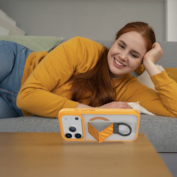 غطاء ليفيلو مورفيكس كلارا جريبستاند ماغ سيف لأيفون 17 برو ماكس، بحواف مرتفعة للكاميرا والشاشة، مغناطيس قوي، جسم مقاوم للصدمات ولمسة نهائية غير لامعة، حامل مرن بشكل D، مضاد لبصمات الأصابع - برتقالي شروق الشمس