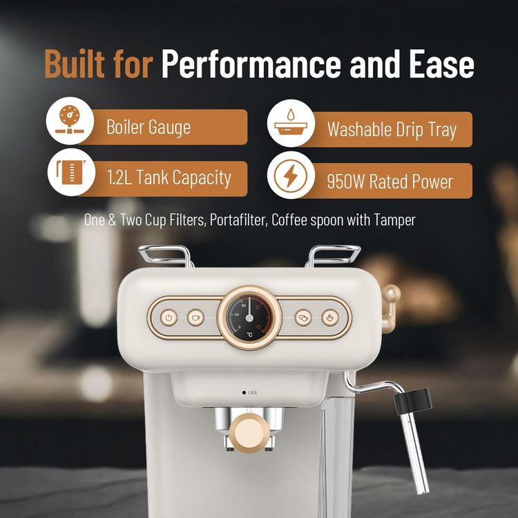 LePresso Coffee Machine with 1.2L Water Tank Capacity, 950W Rated Power, 15 Bars Pump Pressure, Washable Drip Tray, Steam Control - White