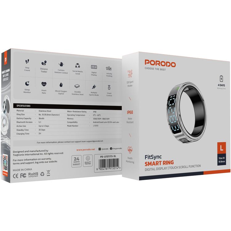 Porodo FitSync Smart Ring with Digital Display with Touch Scroll Function in Large Size 10, Up to 4 Days Active Use Time, 96KB Ram & 128KB ROM, Camera Gesture Control, Activity Tracking & 128 Sport Modes - Silver
