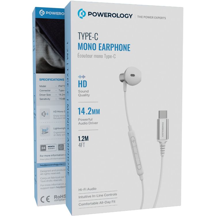 Powerology Type-C Mono Earphone with 5mW Max Power, 1.2m Cable Length, 32Ω Impedance, 14.2mm Driver Size, 110dB Sensitivity, Control Button, HD Sound Clarity - White