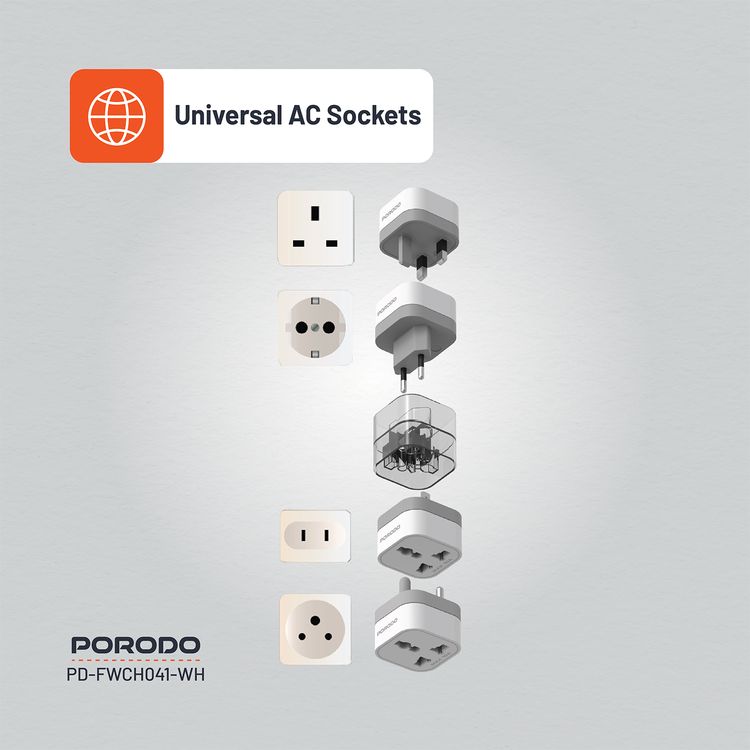 Porodo 150+ Countries Universal AC Adapters with UK, US, SA & EU Plugs, Portable & Multi-Functional Design, PC Material, 2500W High-Power Capacity, Built-in Safeguards - White