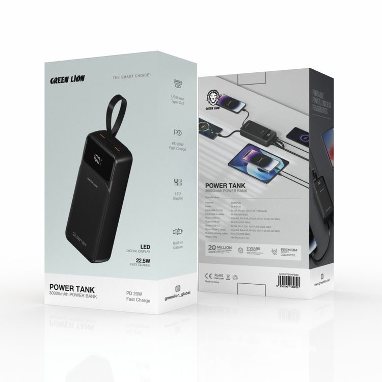 باور بانك باور بانك من جرين ليون، 30000 مللي أمبير، PD 22.5 وات مع كابل شحن سريع، محمول، كابلات مدمجة من النوع C وLightning، حزام جلدي، حماية للشحن - أسود