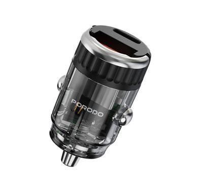 Porodo Dual Port Transparent Car Charger with PD 36W, QC 18W, USB-A & USB-C Ports, Pull Ring Handle, Fast Charging Technology, Smart Charging Protocols, Universal Compatibility - Black