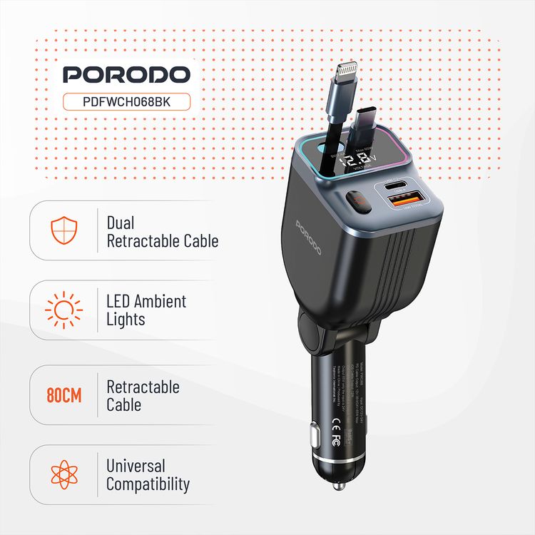 Porodo 65W Car Charger with Dual Retractable Cables, Real-Time Voltage Display, Type-C & Lightning Cable Types, USB-A & USB-C Ports, Universal  Compatibility - Black