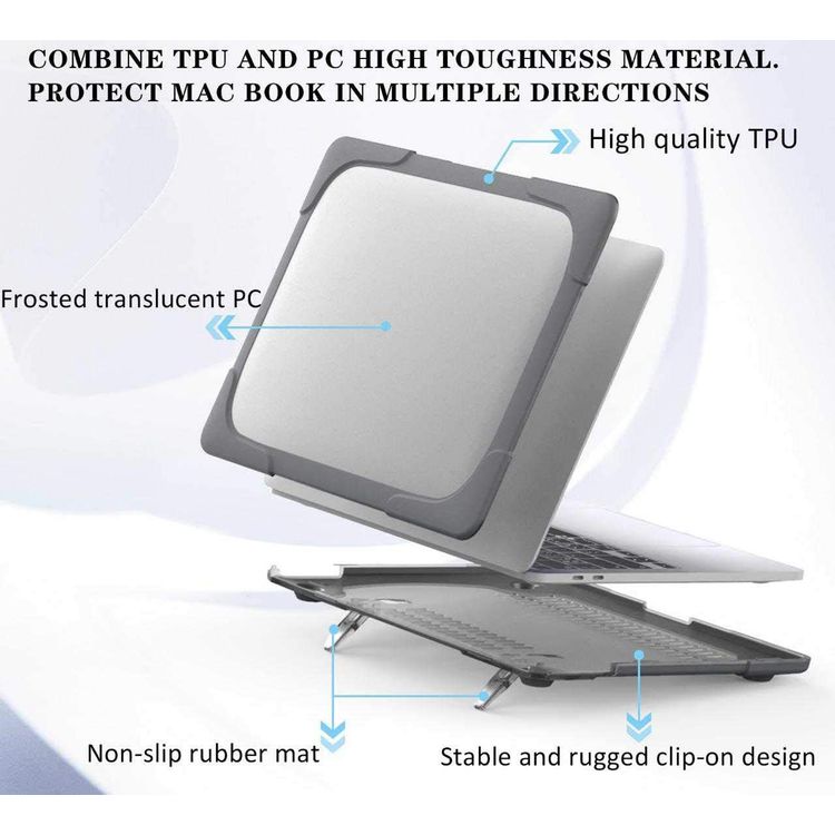 غرين جراب درع صدفي ضد الصدمات ، غطاء واقٍ صلب متين مع مسند قابل للطي متوافق مع ماك بوك برو 16 انش(2019) سهولة الوصول إلى جميع المنافذ ، حماية كاملة 360 درجة - رمادي