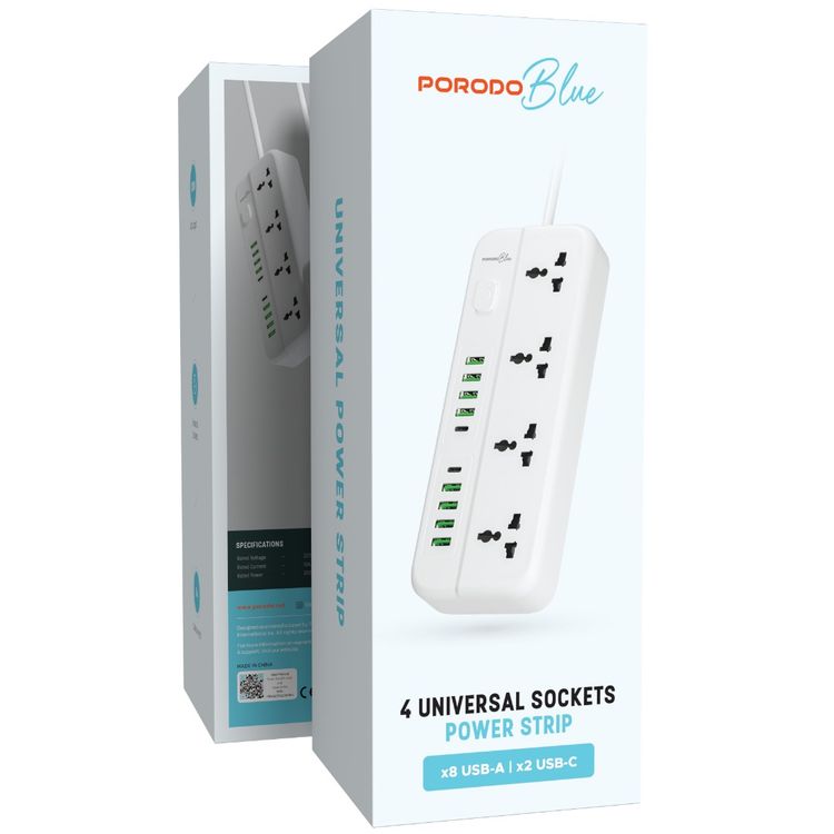 Porodo Blue Power Strip with 4 AC Sockets, Dual USB-C & 8 USB-A Ports, 3m Cable Length, 2000W AC Output, 3-Pin UK Plug, 10A Rated Current - White