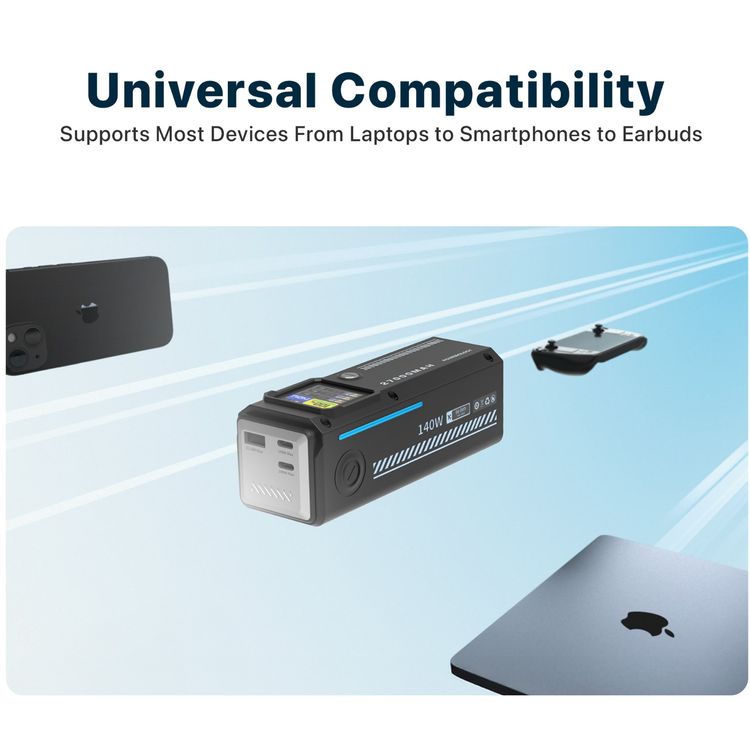 Powerology 27000mAh Smart Display Power Bank with 140W Power Delivery, USB-A & Dual USB-C Ports, 30cm 60W USB-C to USB-C Cable, Simultaneous Charging, Laptop Charging, Built-in Safeguards - Black