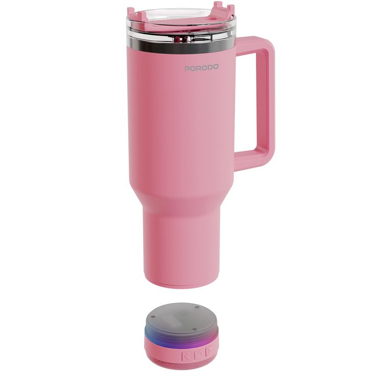 Porodo HydroTunes Tumbler with Detachable Bluetooth Speaker Base, Bluetooth Version 5.3, 300mAh Battery, 1.2L Capacity, USB-C Charging Port, Dual-Function Design, Leakproof Silicone Lid, 3W Speaker Output Power - Pink
