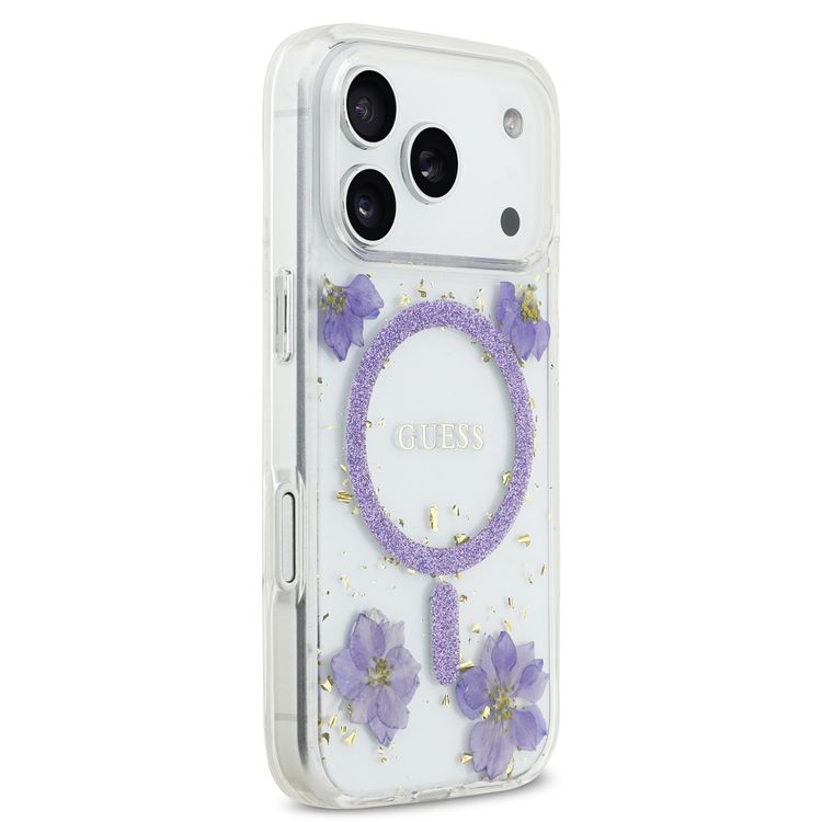 Guess MagSafe Resin Case with Flowers & Glitter Pattern for iPhone 17 Pro, Slim Profile, Drop Protection, Easy Snap-On, Sustainable Packaging, Comfortable Grip, Lightweight Design - Purple