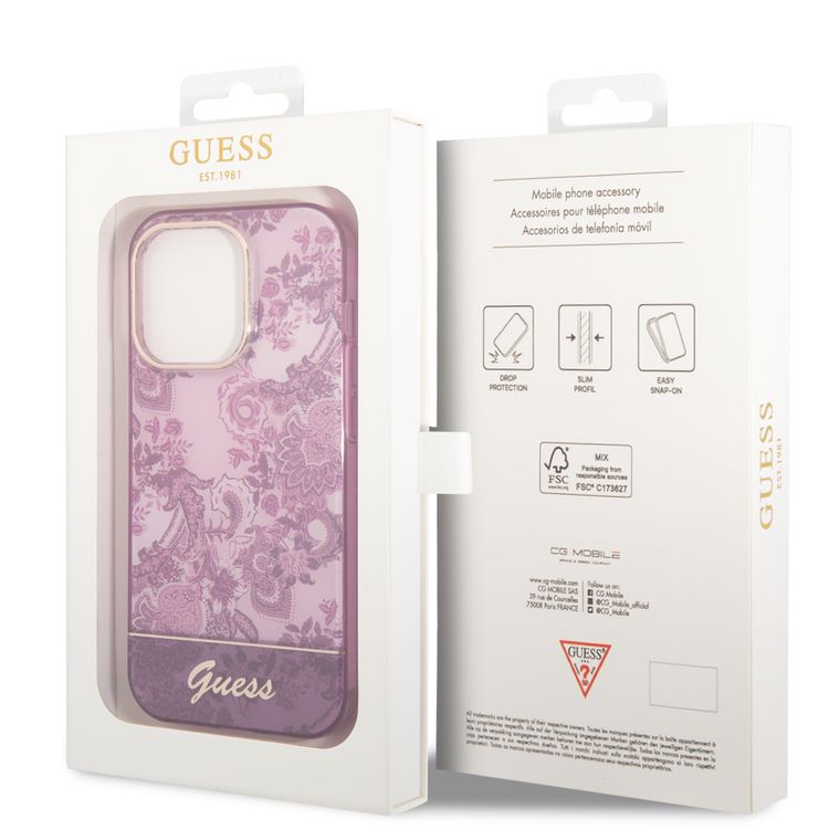 Guess PC/TPU IML Case With Double Layer Electroplated Camera Outline & Toile De Jouy - iPhone 14 Pro - Fuchsia