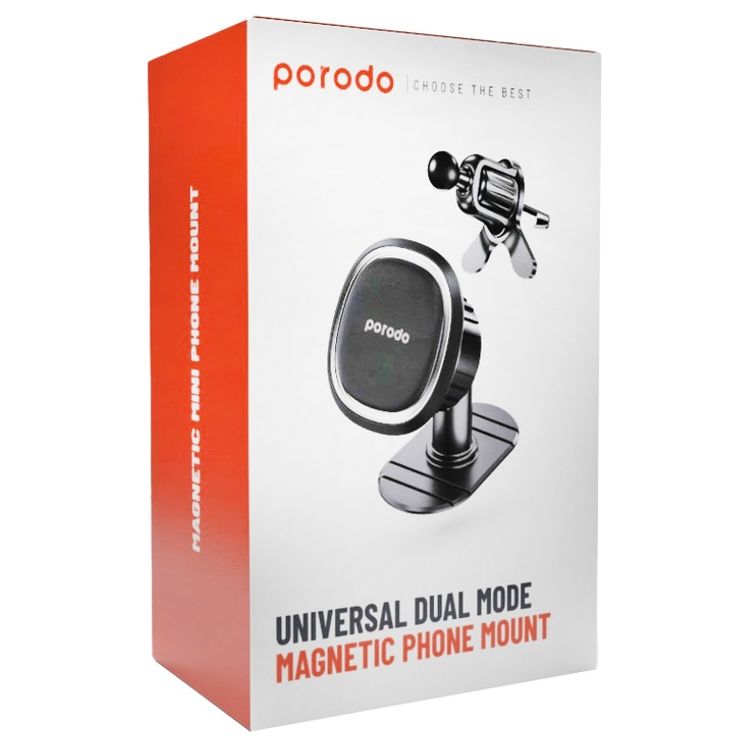 Porodo Universal Dual Mode Magnetic Phone Mount with Rotating Ball Joint, Strong Magnetic Hold, One-Hand Operation, Portable & Ultra Compact Design - Black