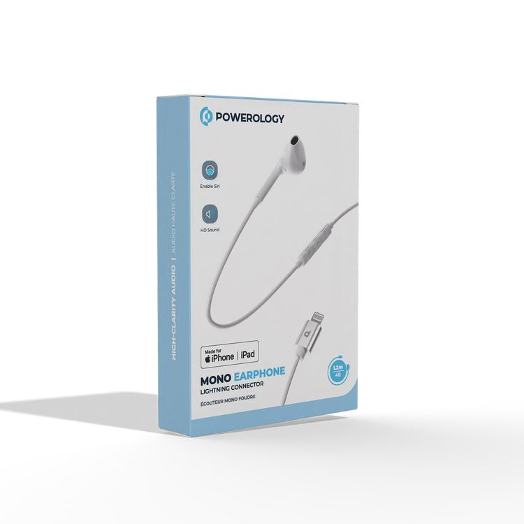 Powerology Mono Earphone with Lightning Connector, Active in-Line Control Buttons, HD Sound, 1.2m Cable Length, 3mW Maximum Power - White