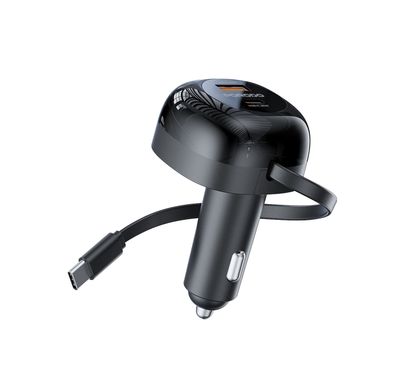 Porodo Dual Port Car Charger with 80cm Retractable Type-C Cable, Simultaneous Charging, Universal Compatibility, 47W Total Output Power - Black