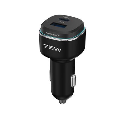 Powerology 75W Dual-Port High-Power Car Charger, USB-C & USB-A Ports, 75W Total Output, 45W Power Delivery, LED Ambient Light, Fast Charge, Zinc Alloy - Black / Blue