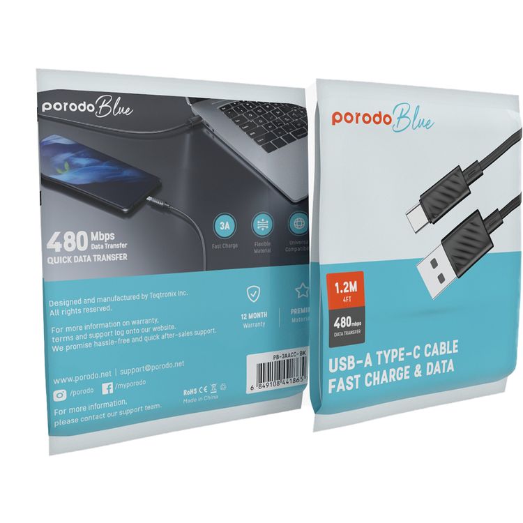 Porodo Blue USB-A to Lightning Charging Cable with 480Mbps Data Transfer, 3A Fast Charge, Flexible Material, Universal Compatibility - Black 