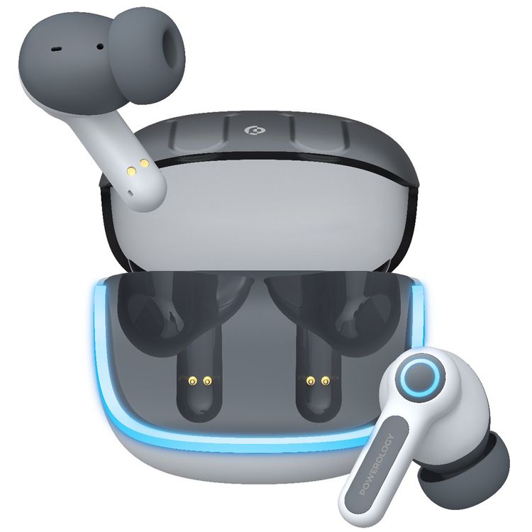 Powerology Quad Mic ENC True Wireless Earbuds, 6h Playtime, Bluetooth 5.3, Type-C Charging, 10m Transmission Distance, RGB Lights - White