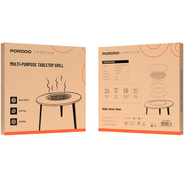 Porodo Lifestyle Multi Purpose Camping Round Table with 50 kg Weight Capacity, MDF Board + Birch Wood + Stainless Steel Material, Grill Pan & Gril Net - Brown