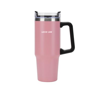 Green Lion Vacuum Travel Mug, 16 Hours Hot Retention & 24 Hours Cold Retention, Stainless Steel Material, Comfy & Portable Handle, Extra Wide Opening, Cup Holder Friendly - Pink