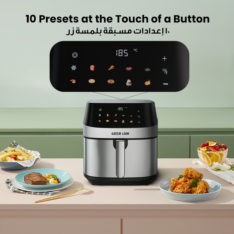 Green Lion Deluxe Air Fryer with LED Touch Screen, 8L Capacity, Up to 60 Minutes Frying Time, 10 Preset Programs, Rapid Air Circulation, 2200W Power, Non-Stick Coating - Black