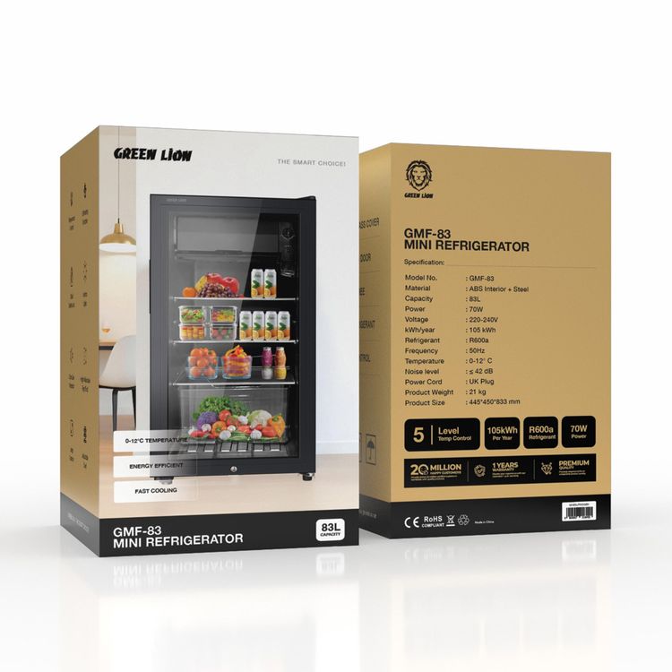 Green Lion GMF-83 Mini Refrigerator with 83L Capacity, 70W Power, 5 Temperature Levels, Interior Lights, Defrosting Function, Child Safety Lock, ABS Interior & Steel Material, Ultra-Quiet Operation - Black