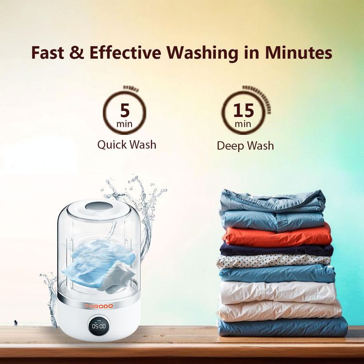 Porodo Lifestyle Cordless Mini Washing Machine for Delicate & Baby Clothes, Dual Washing Modes, LED Digital Display, 1.2L Cup Capacity, 10W Rated Power, 4000mAh Battery Capacity, Type-C Charging Port - White